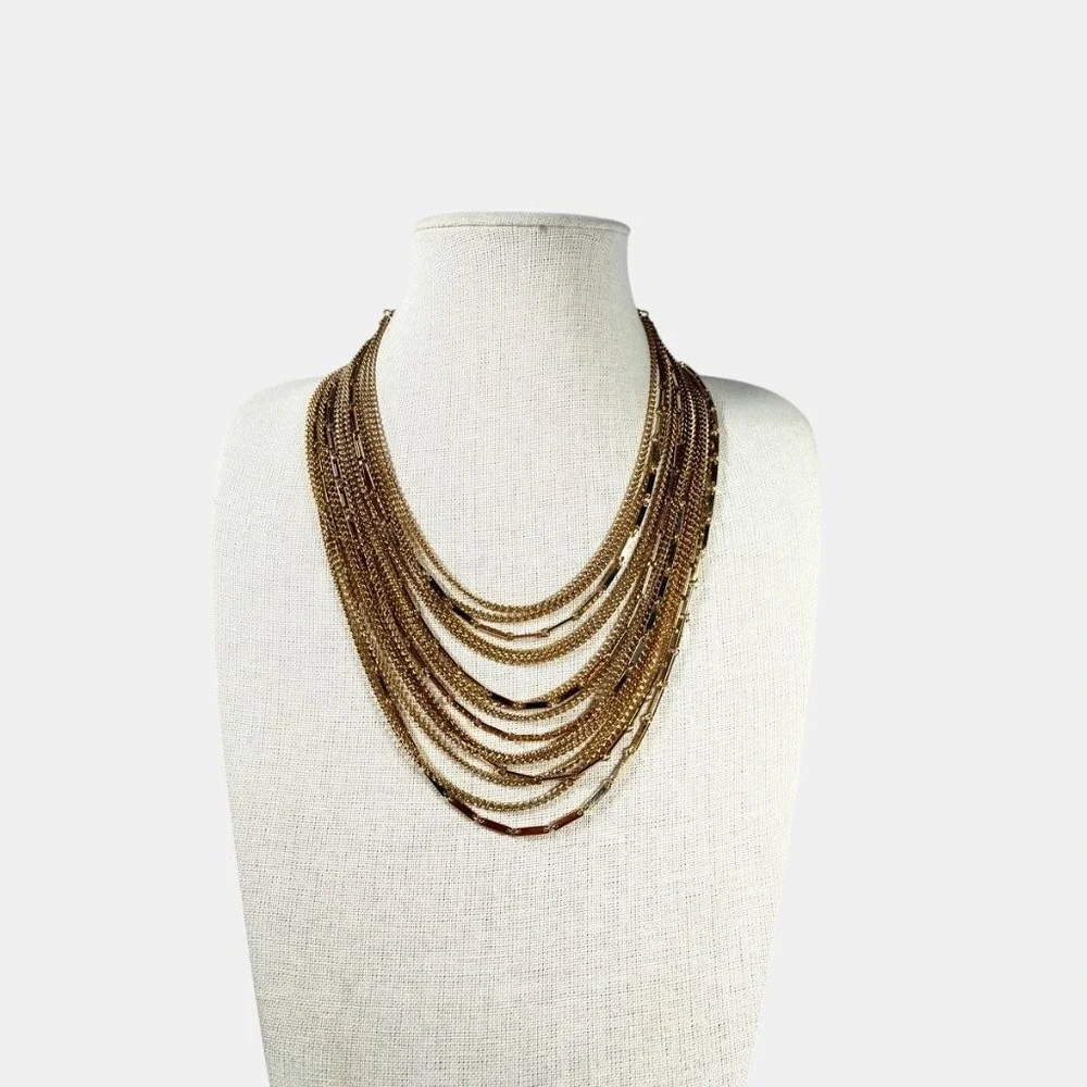 Vintage Multi Strand Necklace Bib Gold Tone Chain  Adjustable 17